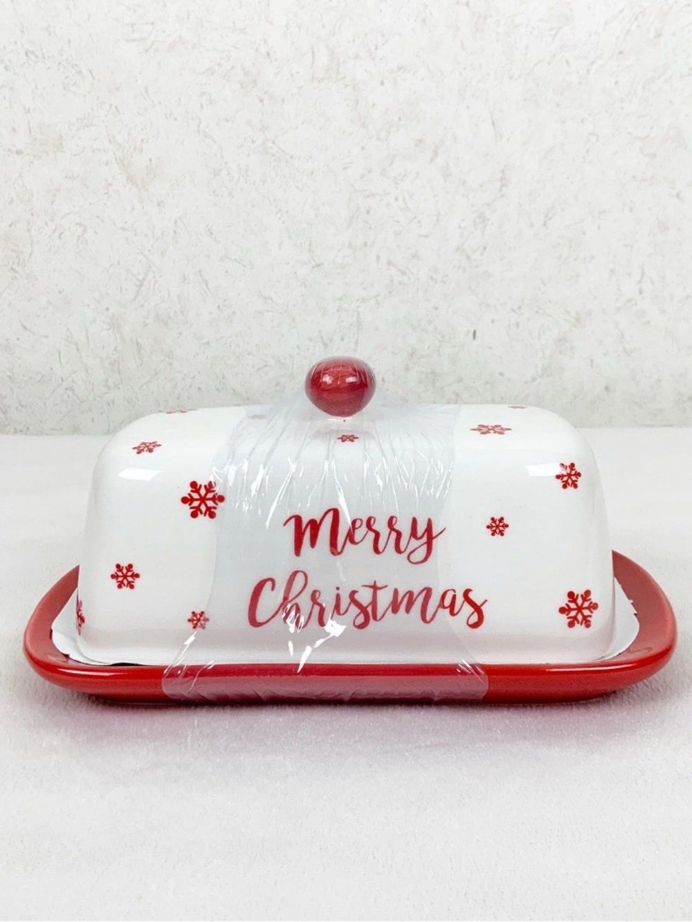Merry Christmas Snowflake Butter Dish Ceramic Holiday Country Kitchen Farmhouse